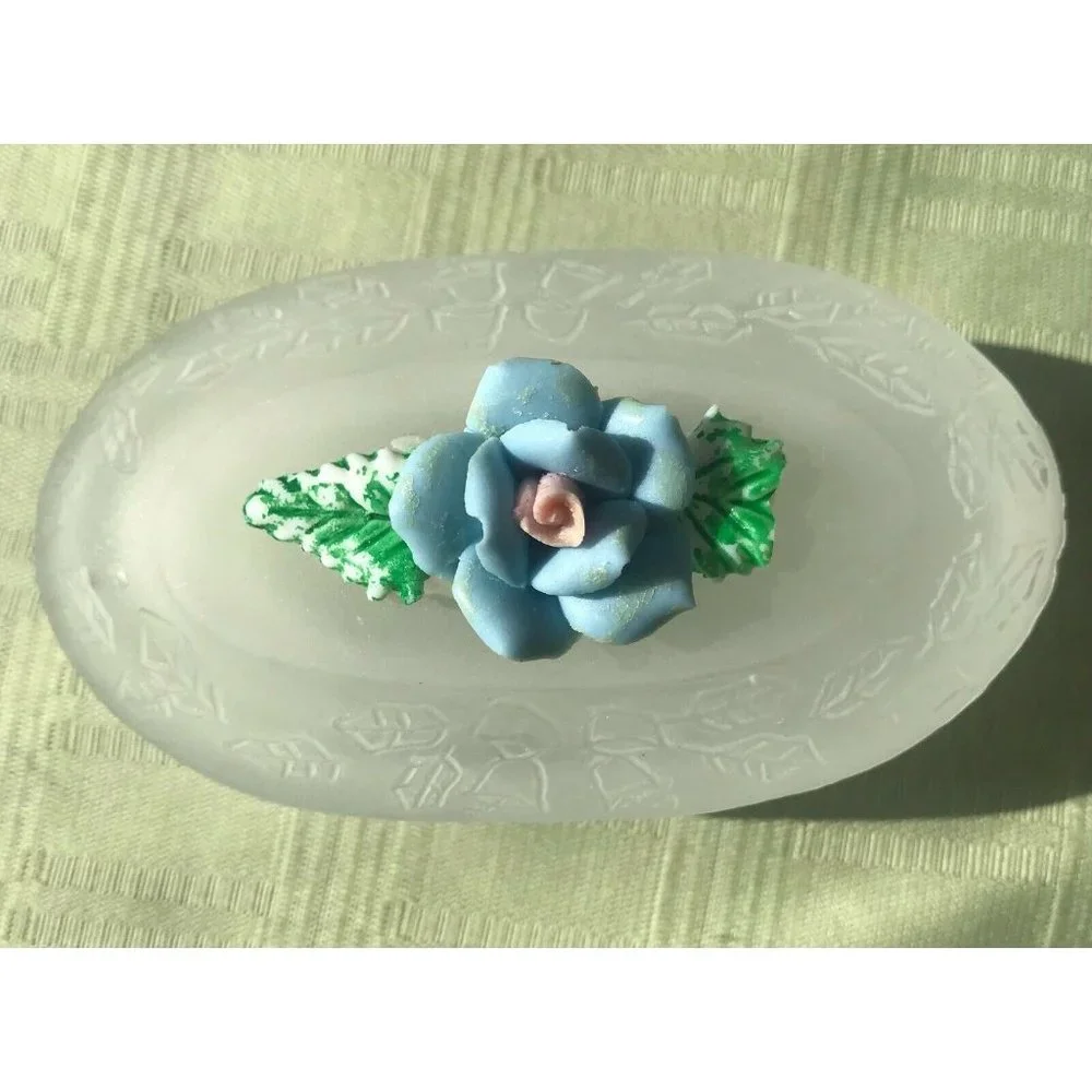 Vintage Frosted Etched Glass Egg Trinket Box Floral Jewelry Vanity Decor